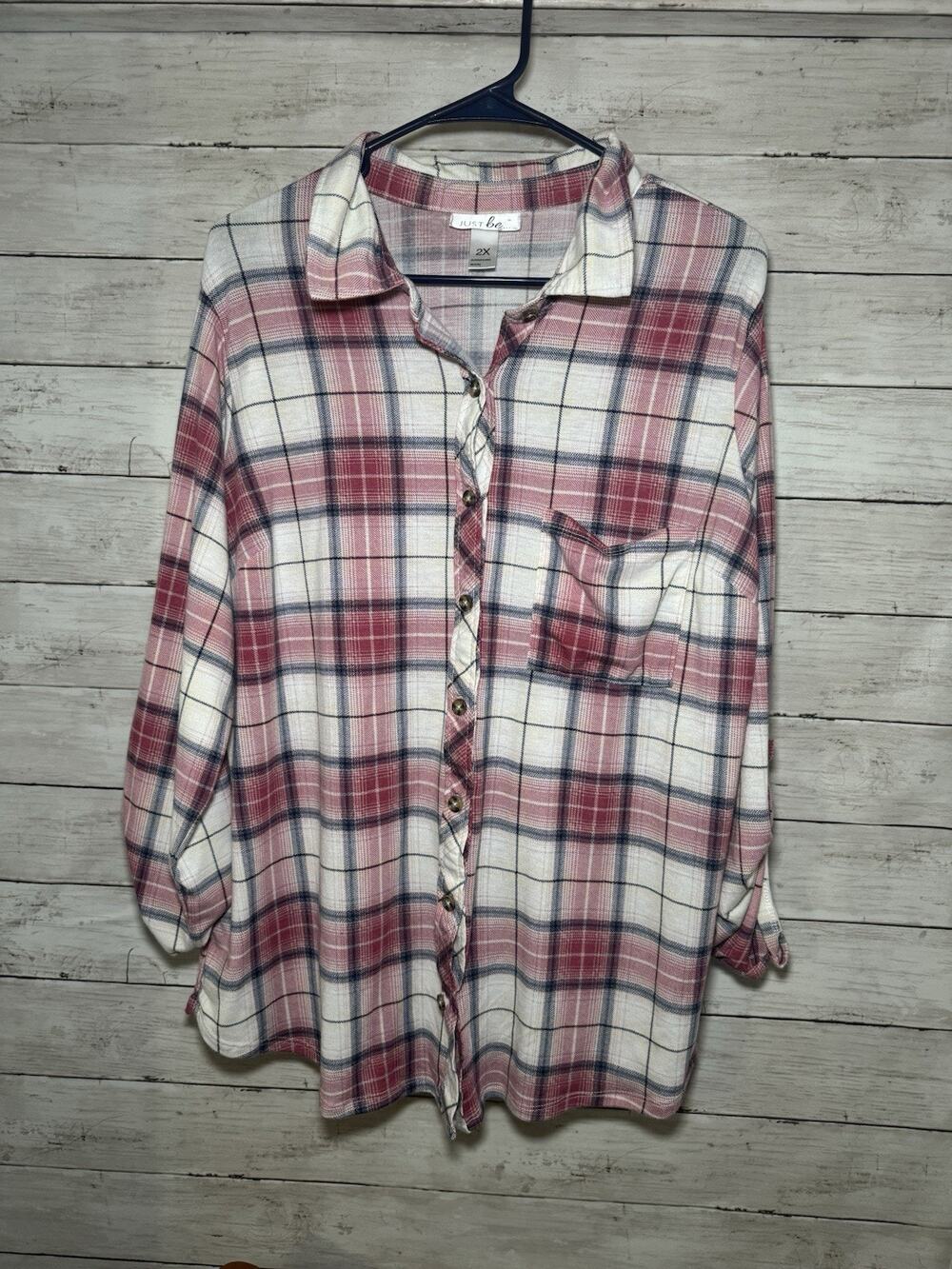 Just Be Women’s Plus Size Pink White Plaid Shirt Button Up 2X Long Sleeve EUC